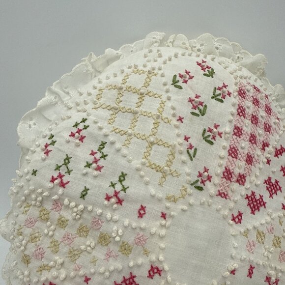 Vintage Needlepoint Throw Pillow Round Floral Beaded Cross Stich Eyelet Grandma - Picture 2 of 7